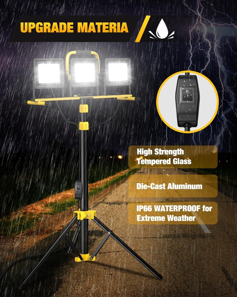 SOARFLY Upgraded LED Work Lights with Stand, 21000 Lumen, 3-Head Adjustable Work Light, Waterproof Foldable Tripod, Extended Cord for Outdoor & Indoor Job Sites, Workshops, Construction, Garage Lighting - Image 5
